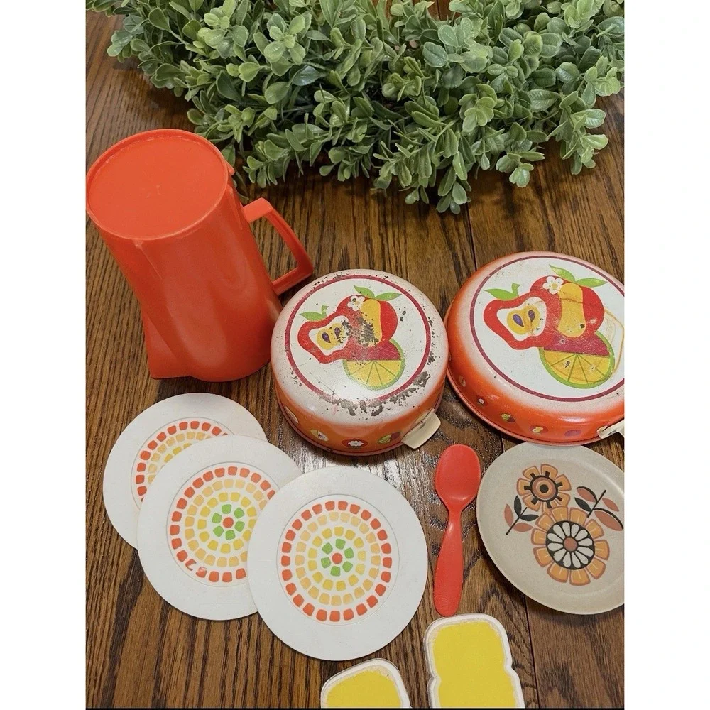 Enamel Tin Pots Pans Plates Pitcher Kitchen Pretend Play 1970s Vintage‎ Orange